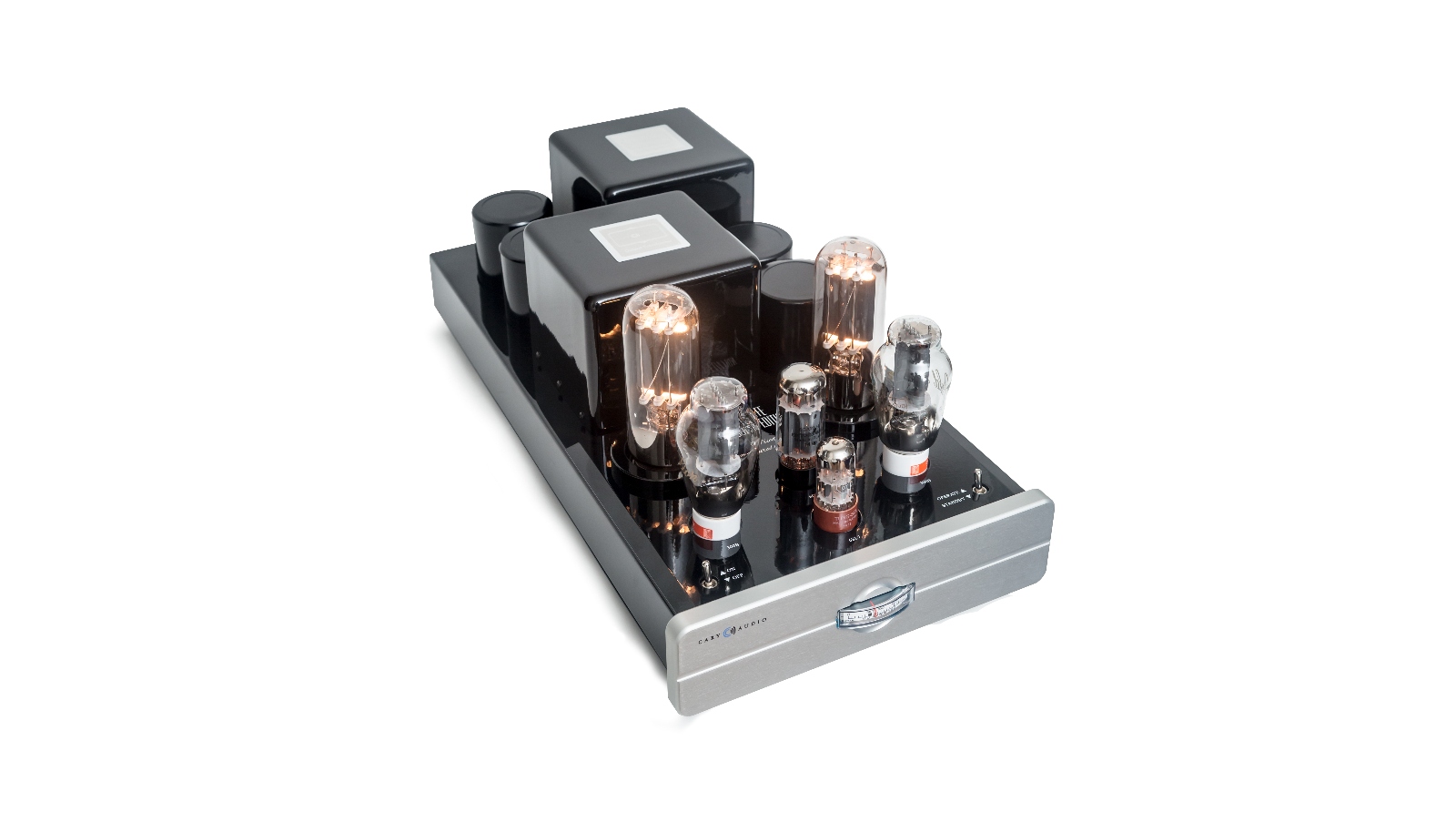 Cary Audio CAD-211FE monoblock vacuum tube amplifier in silver finish, top plate dominated by power and output transformers and a pair of 211 direct heated triodes